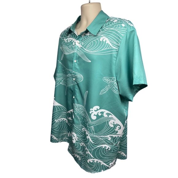 Mens Green Hawaiian Aloha Graphic Whales Ocean Button Up Camp Shirt 2XL - Picture 3 of 7